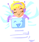 黄色い髪色でヘッドフォンをした羽の生えているキャラクターが、パソコンを、後ろから抱きしめているイラスト