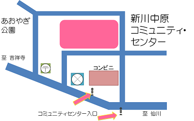 コミュニティセンター入口折場から新川中原コミュニティセンターを示した地図