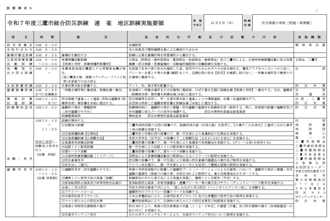令和7年度三鷹市防災訓練 連雀地区訓練実施要領