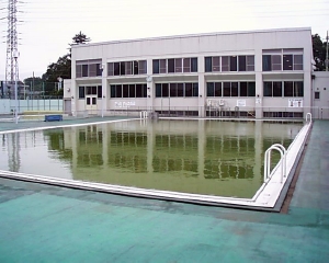 建物の前に一面のプールが広がり、青緑色のプールサイドが写っている写真